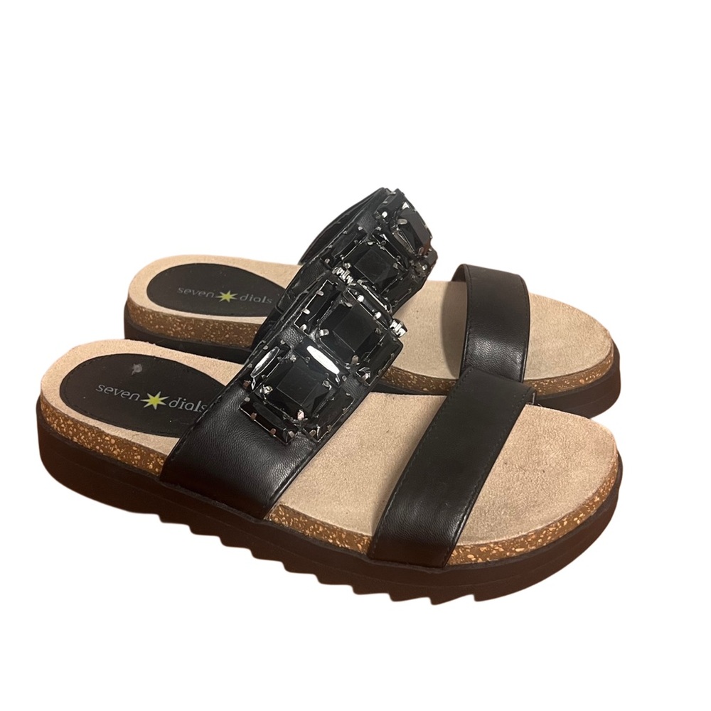 Seven Dials Black Gem-Embellished Dual Strap Sandals Size 7